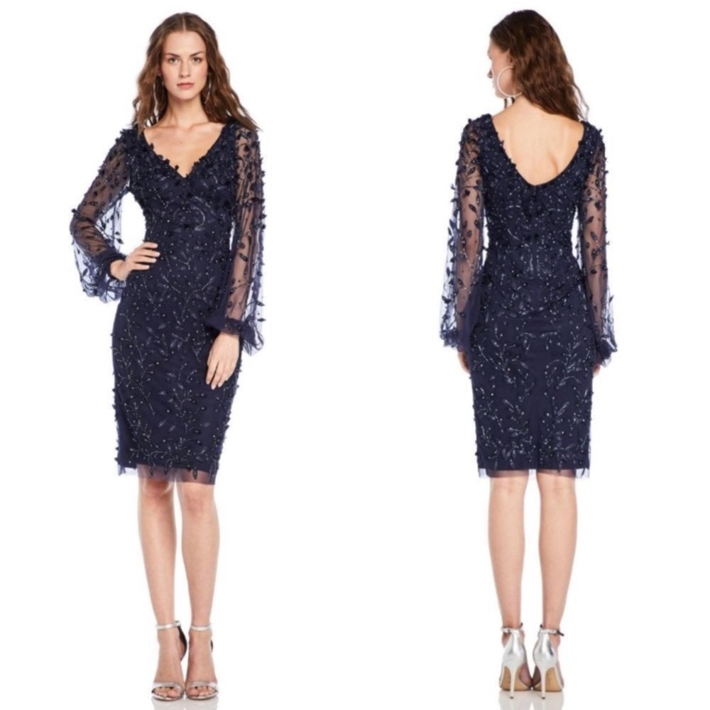Theia Elegant Navy Blue‎ Embellished Beaded Floral 3D Balloon Sleeve Midi Dress